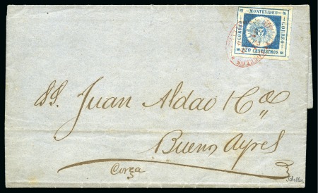 Stamp of Uruguay 1859 (Jul 22) Entire from Montevideo to Buenos Aires with 120c tied by RED oval Montevideo ds