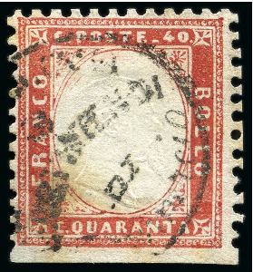 Stamp of Italy 1862 40c Red-carmine, imperforate at bottom, bearing