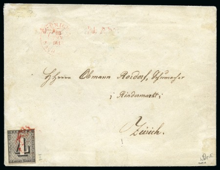 Stamp of Switzerland / Schweiz » Kantonalmarken » Zürich 1846 "Zurich" 4Rp Black, Type 1 with red horizontal