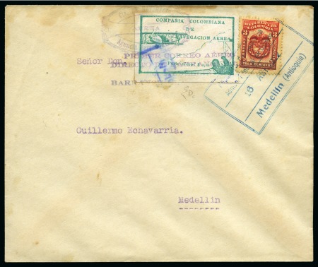 Stamp of Colombia 1920 10c Green tied to 1922 first flight cover, Barranquilla