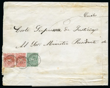 Stamp of Ecuador 1866 4r Red, well-margined pair plus single 1r Green
