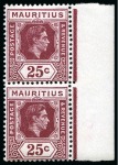 Stamp of Mauritius 1938-49 25c Brown-Purple with "IJ" flaw for "U" variety in mint nh vertical marginal pair