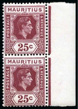 Stamp of Mauritius 1938-49 25c Brown-Purple with "IJ" flaw for "U" variety in mint nh vertical marginal pair