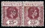 Stamp of Mauritius 1938-49 25c Brown-Purple with "IJ" flaw for "U" variety in mint nh vertical marginal pair