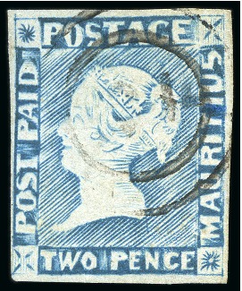 Stamp of Mauritius 1848-59 Post Paid 2d blue, worn impression, used