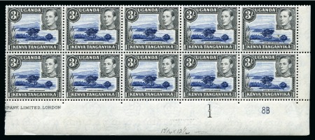 Stamp of Kenya, Uganda and Tanganyika » Kenya, Uganda and Tanganyika 1938-54 3s Blue & Black perf.13x12 1/2 mint nh right corner marginal block of 10 with plate number and part imprint