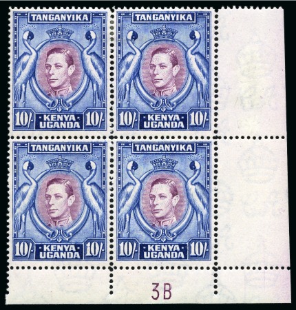 Stamp of Kenya, Uganda and Tanganyika » Kenya, Uganda and Tanganyika 1938-54 10s Purple & Blue perf.14 mint right corner marginal block of 4 with plate number