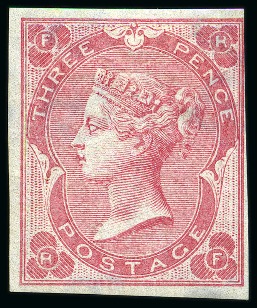 Stamp of Great Britain » 1855-1900 Surface Printed 861 3d Rose RF ABNORMAL plate 2 state 1 with no dots and shaded splandrels, imperf. imprimatur