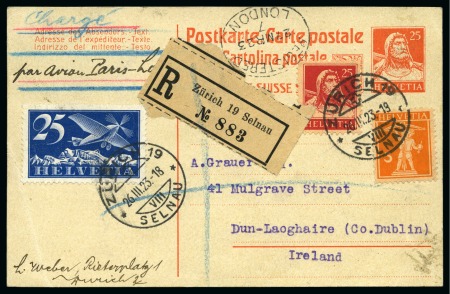 Stamp of Ireland » Airmails 1923 (Mar 26) Handley Page Paris-London flight, Switzerland postal stationery card sent registered to Ireland