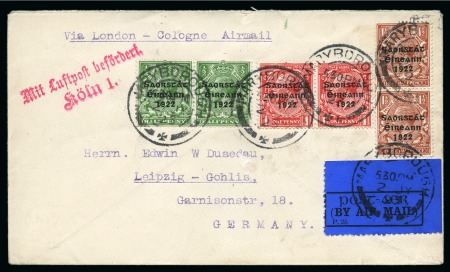 Stamp of Ireland » Airmails 1923 (Jul 2) Irish Acceptance for London-Brussels-Cologne, cover with Harrison Coil "long 1 in 1922" varieties