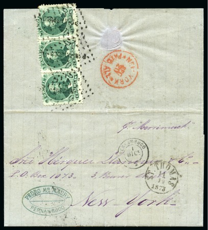 Stamp of Danish West Indies » Transit Mail 1873 BRAZIL TO USA: Folded entire to New York, bearing