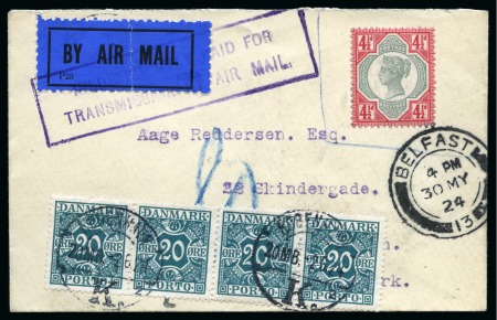 Stamp of Ireland » Airmails 1924 (May 30) Envelope to Denmark with "By Air Mail" label with late usage of the QV 1892 4 1/2d red & green