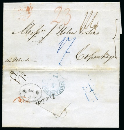 Stamp of Danish West Indies » British Post RARE "TOO LATE" POSTMARK1852 Folded entire to Copenhagen