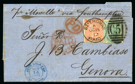 Stamp of Danish West Indies » British Post 1873 Folded entire to Genova franked by QV surface