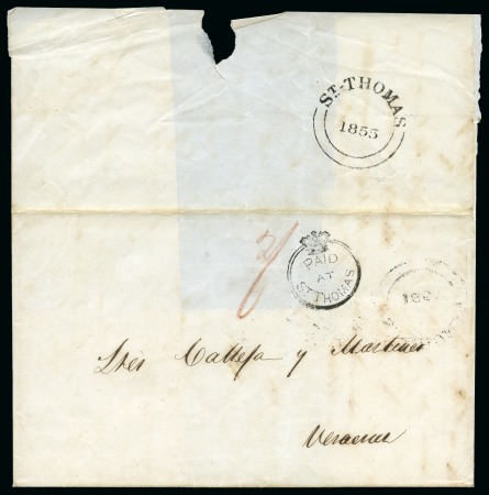 Stamp of Danish West Indies » British Post BLACK PAID AT ST.THOMAS POSTMARK1852 Folded cover to