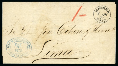Stamp of Danish West Indies » Transit Mail CUBA TO PERU: 1876 Folded cover to Lima, prepaid with