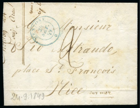 Stamp of Italian States » Sardinia 1849 Cover to Nice with rare blue Sardinian MENTONE 24 set 1849 cds