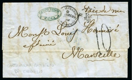 Stamp of Italian States » Papal States 1859 Cover from Roma to Marseille with scarce cancellation "Civitavecchia Bastimento di Commercio"