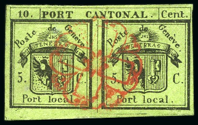 Stamp of Switzerland / Schweiz » Kantonalmarken » Genf 1843 "Double Geneva" 5+5c Green, large margins all