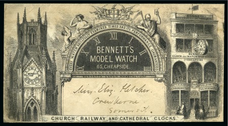 Stamp of Great Britain » Hand Illustrated and Printed Envelopes 1855 Bennett's Model Watch - 65 Cheapside, stampless white envelope with images and text printed on one side