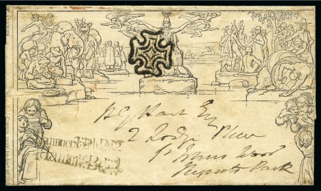 Stamp of Great Britain » 1840 Mulreadys & Caricatures 1840 (Nov 11) 1d Mulready lettersheet used with superb central black MC,