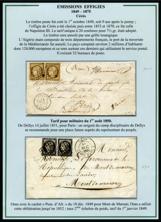 Stamp of Colonies françaises » Algérie 1849-1852, Utilisation des Cérès en Algérie, superbe collection de 15 lettres sur 6 pages d'exposition dont 1F VERMILLON sur lettre de Mascara