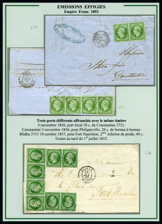 Stamp of Colonies françaises » Algérie 1853-1862, Utilisation des Empire non dentelés en Algérie, collection de 35 lettres sur 17 pages d'exposition dont rarissime 40c avec Piquage d'Alger sur lettre d'Alger