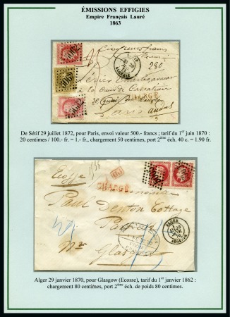 Stamp of Colonies françaises » Algérie 1866-1877, Utilisation des Empire Laurés en Algérie, Collection de 33 lettres sur 16 pages d'exposition dont 13 lettres chargées