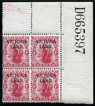 Stamp of New Zealand » Victoria Land 1911 1d Carmine mint nh top right corner marginal block of four with serial number