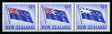 Stamp of New Zealand 1960 9d Red and Ultramarine horizontal mint nh strip of three with third stamp showing RED OMITTED