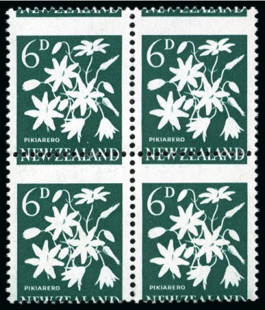 Stamp of New Zealand 1960 6d Lilac, Green and Deep Bluish Green mint nh block of four with variety lilac and green omitted and perf. shift