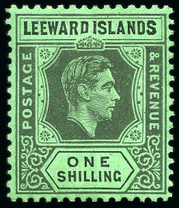 Stamp of Leeward Islands 1938 KGVI 1s black on emerald paper mint with "D I" flaw (R9/6)