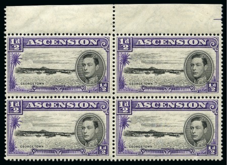 Stamp of Ascension 1938-53 KGVI 1/2d black & violet in mint nh top marginal block of four with one stamp showing "Long centre bar to "E" of "Georgetown"