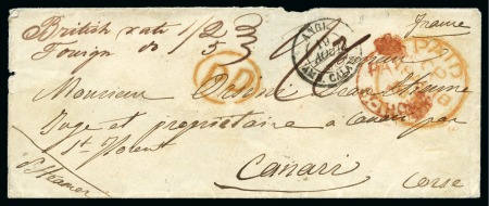 Stamp of Danish West Indies » British Post 1855 Envelope to Corsica bearing the scarce red crowned circle PAID AT ST.THOMAS handstamp