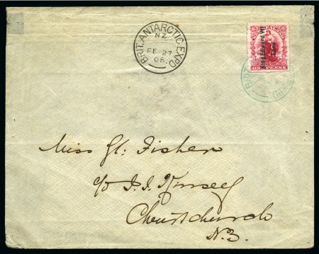 Stamp of New Zealand » Victoria Land 1908 (Feb 27) British Antarctic Expedition 1907 envelope (imprint on backflap) with 1908 Shackleton Expedition 1d