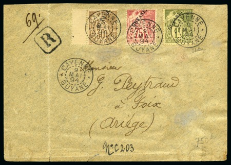Stamp of Colonies françaises » Guyane française 1894 Lettre recommandée de Cayenne pour l'Ariège avec 1F + 75c +30c Alphée Dubois surchargé Guyane