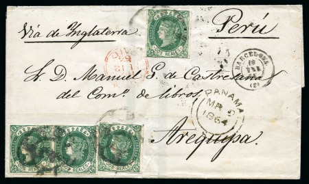 Stamp of Spain 1859-68, Group of four covers to PERU via Panama
