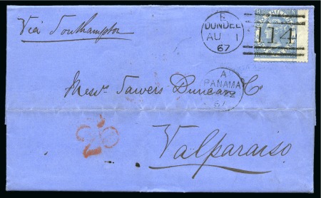Stamp of Great Britain » 1854-1900 Postal History of the Perforated Line Engraved and Surface Printed Issues 1867 (Aug 1) Entire from Scotland to Chile with 1867-80 2s blue pl.1 wing marginal tied by "114" duplex