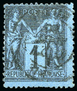 Stamp of France 1c BLEU DE PRUSSE obl. càd propre, dentelure irrégulière sinon TB, signé A.Brun et Scheller