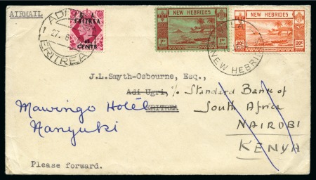 Stamp of British Occupation of Italian Colonies » Eritrea 1952 (Jun 18) Envelope sent from New Hebrides to Eritrea then sent to Kenya