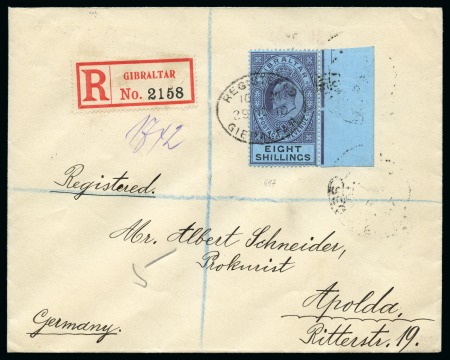Stamp of Gibraltar 1910 (Nov 29) Envelope sent registered to Germany with 1903 8s dull purple & black on blue