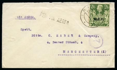 Stamp of British Occupation of Italian Colonies » Tripolitania 1947 (Jan 23) Envelope sent by air mail to the UK with 1943-47 M.E.F. 2s6d tied by Tripolitania cds