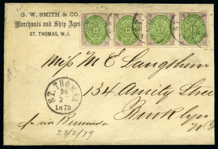 Stamp of Danish West Indies » Stamp Issues 1876-93 12c lilac and green. strip of four tied by