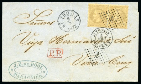 Stamp of Danish West Indies » French Post 1872 Folded cover to Vera Cruz franked by pair of Laureated