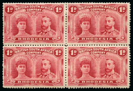 Stamp of Rhodesia 1910-13 1d Bright Carmine perf.14 in mint block of 4 with varieties
