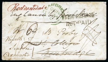 Stamp of Malta 1855 (Oct 10) Envelope from Malta to England, redirected with "FIRST POSTAGE / NOT PAID" hs