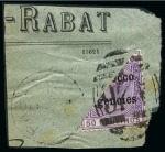 Stamp of Morocco Agencies (British Post Offices) 1889-96 10c Carmine bisect on piece and 1898-1900 50c bright lilac on piece
