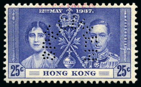 Stamp of Hong Kong 1937 Coronation 4c green, 15c carmine and 25c blue, set of three values perforated SPECIMEN and additional Specimen ovpt in purple