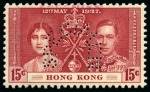 Stamp of Hong Kong 1937 Coronation 4c green, 15c carmine and 25c blue, set of three values perforated SPECIMEN and additional Specimen ovpt in purple