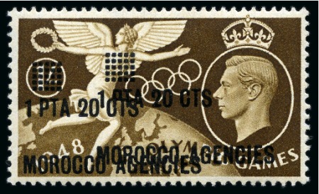 Stamp of Morocco Agencies (British Post Offices) 1948 Olympic Games 1p20c on 1s brown mint with DOUBLE SURCHARGE variety